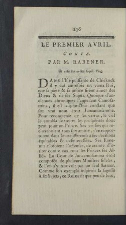 Le Premier Avril. Conte. Par M. Rabener.