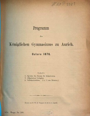 Programm des Königlichen Gymnasiums zu Aurich : Ostern .... 1876, Ostern