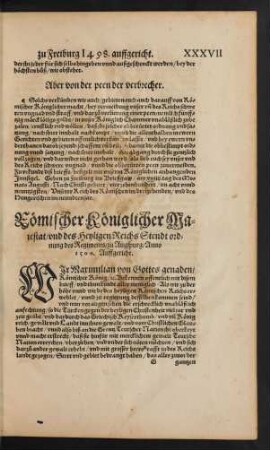 Römischer Königlicher Maiestat/ und des Heyligen Reichs Stend ordnung des Regiments/ zu Augspurg/ Anno 1500. Auffgericht.