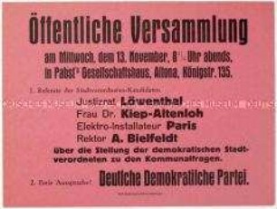 Ankündigung einer Versammlung der Deutschen Demokratischen Partei in Altona zur bevorstehenden Stadtverordnetenwahl