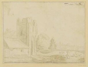 Ziegenhirt am Turm der Ruine von Schloss Brederode