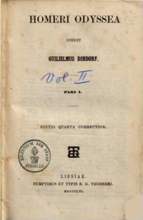 Homēru epē : ad optimorum librorum fidem expressa, 2,1. Odyssea
