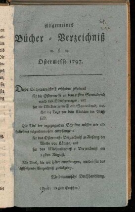 Allgemeines Bücher-Verzeichniß u.s.w. Ostermesse 1797.