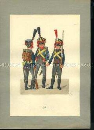 Uniformdarstellung, Sappeur, Pontonier, Gemeiner der Handwerkskompanie, Sachsen, 1810/1811. Veränderte Kopie aus: Abbildung der neu organisierten Königlich-Sächsischen Armee.