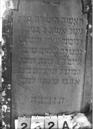 Grabstein 282 (Index: 100107671) Material: roter Sandstein Zustand: leicht bewachsen, am Sockel zementiert Maße HxBxT: 154x55x25 cm Beschreibung: Stele, eingezogener Rundbogen, Schriftfeld eingetieft, getreppter Sockel, unterer Teil rusticaartig Besonderheit: kein Eintrag im Familienbuch: Grabstein 282A
