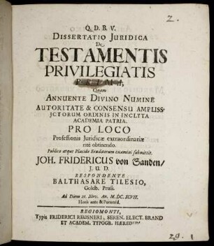 Dissertatio Iuridica De Testamentis Privilegiatis Prima