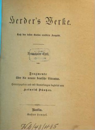 Herders Werke, 19. Fragmente über die neuere deutsche Literatur