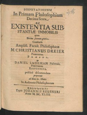 Disputationum In Primam Philosophiam Decima Sexta De Existentia Substantiae Immobilis