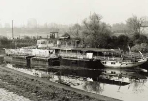 Dresden-Neustadt. Winterhafen der Weißen Flotte Dresden. Personen-Seitenraddampfer "Schmilka" (1897, Werft Blasewitz) davor Landungsbrücken