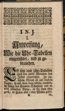 I. Anweisung, wie die Uhr-Tabellen eingerichtet, und zu gebrauchen.