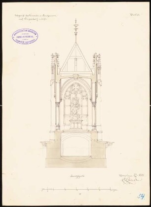 Erbgruft der Familie Baron von Lachmann, Wingendorf: Querschnitt (Innenansicht zum Epitaph hin, mit Gruft), Maßstabsleiste 1:50