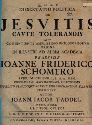 Dissertatio Politica De Jesvitis Cavte Tolerandis