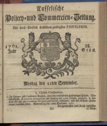 38. Stueck, Montag den 21ten September 1761