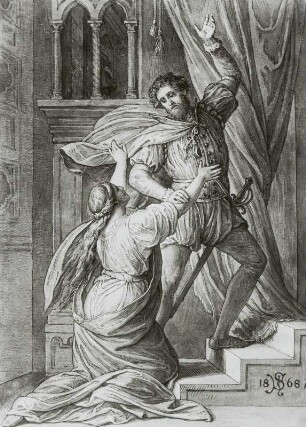 Rollen-Cyklus von Ludwig Schnorr von Carolsfeld. Raoul und Valentine (in G. Meyerbeers Oper "Die Hugenotten"). Photographie nach Zeichnung. 345 x 269 mm Blattgr. (Karton) (1868; J. Schnorr von Carolsfeld). Dresden: SLUB Mscr.Dresd.w.103.1