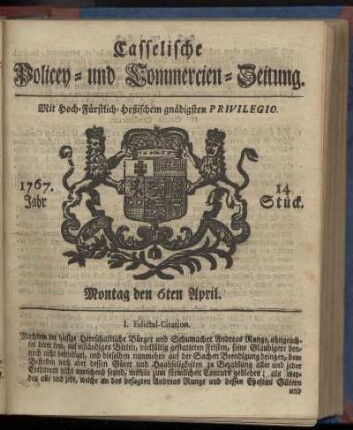 14. Stueck, Montag den 6ten April 1767