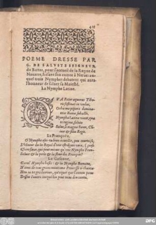 Le Triomphe De La Foy, Par G. De Saluste Seignenr Du Bartas. Poeme Dresse Par G. De Saluste Seigneur du Bartas, pour l'accueil de la Royne de Navarre, faisant son entree à Nerae: auquel trois Nymphes debatent qui aura l'honneur de saluer sa Maiesté. La Nymphe Latine.