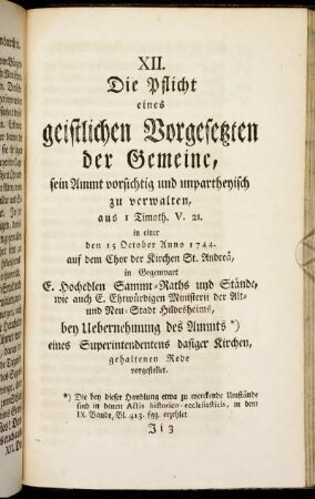 XII. Die Pflicht eines geistlichen Vorgesetzten der Gemeine, sein Ammt vorsichtig und unpartheyisch zu verwalten,[...]