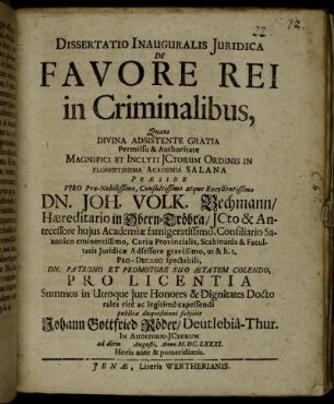 Dissertatio Inauguralis Iuridica De Favore Rei in Criminalibus