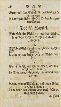 Das V. Capitel. Wie sich ein Schüler nach der Schule auf dem Schul-Wege höflich aufzuführen