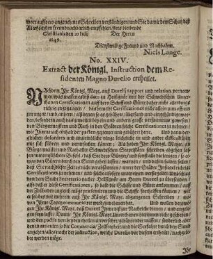 No. XXIV. Extract der Königl. Instruction dem Residenten Magno Durelio ertheilet