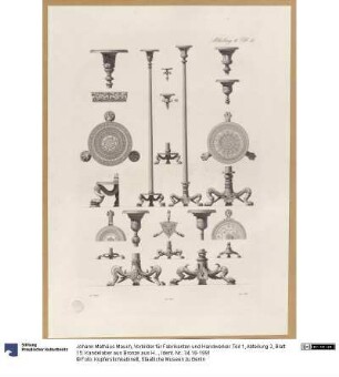Vorbilder für Fabrikanten und Handwerker. Teil 1, Abteilung 2, Blatt 15: Kandelaber aus Bronze aus Herculaneum im Museum in Portici mit zahlreichen Details