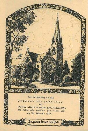 Erinnerungsblatt an die Goldene Hochzeit mit Ansicht der Friedenskirche