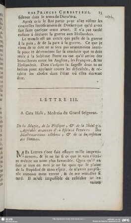 Lettre III. A Cara Hali , Medecin du Grand Seigneur
