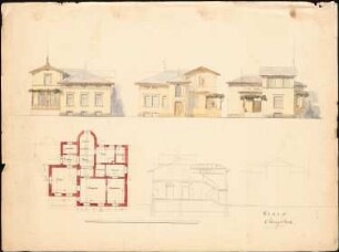 Villa: Grundriss, 3 Aufrisse, Schnitt