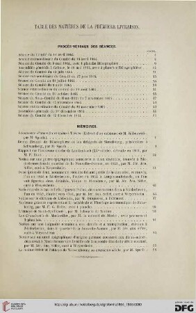 Table de matières de la première livraison