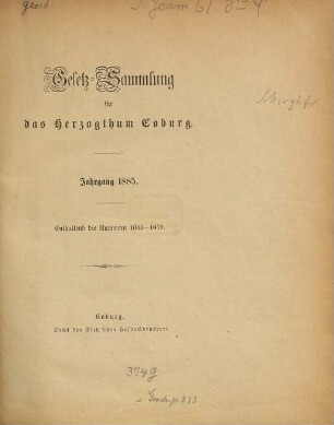 Gesetz-Sammlung für das Herzogtum Coburg. 1885 = Nr. 1044 - 1059