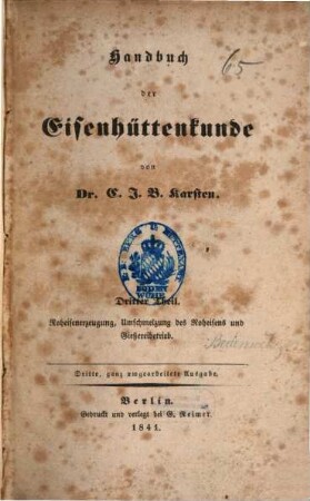 Handbuch der Eisenhüttenkunde, 3. Roheisenerzeugung, Umschmelzung des Roheisens und Gießereibetrieb