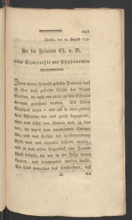 An die Fräulein Ch. v. B. Ueber Sympathie und Physionomie