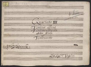 Quartets, vl (2), vla, vlc, SchV 294, F-Dur - BSB Mus.ms. 288-21 : [title, vla:] Quartetto III // Violino Primo // Violino Secondo // Alto Viola // et // Violoncello // [Incipit] // Del Sig Vogler