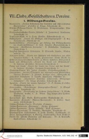 VII. Clubs, Gesellschaften u. Vereine.