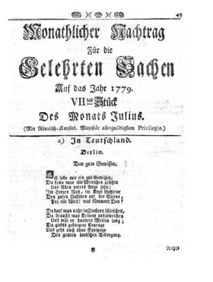 Monathlicher Nachtrag [...] Auf das Jahr 1779. VIItes Stück Des Monats Julius