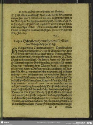 Copia Schreibens Herrn General Tilly an dem Niedersächsischen Cräyß