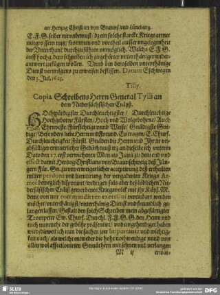 Copia Schreibens Herrn General Tilly an dem Niedersächsischen Cräyß