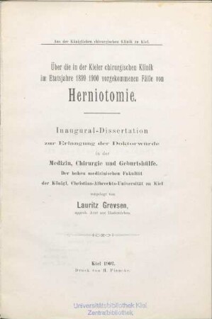 Über die in der Kieler chirurgischen Klinik im Etatsjahre 1899/1900 vorgekommenen Fälle von Herniotomie