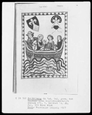 Manessische Liederhandschrift, Faksimile — Herr Nünü mit seiner Geliebten auf einer Nachenfahrt, Folio 319recto