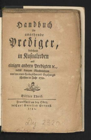 11. Theil (1781): Handbuch für angehende Prediger