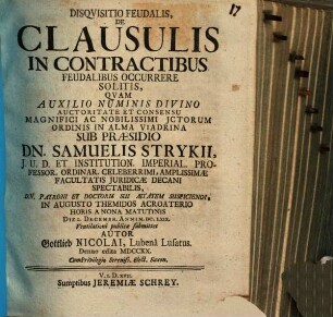 Disquisitio de clausulis in contractibus feudalibus occurrere solitis