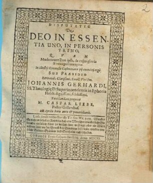 Disputatio De Deo In Essentia Uno, In Personis Trino