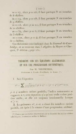 Théoréme sur les équations algébriques et sur une progression arithmétique.