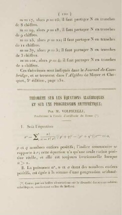 Théoréme sur les équations algébriques et sur une progression arithmétique.