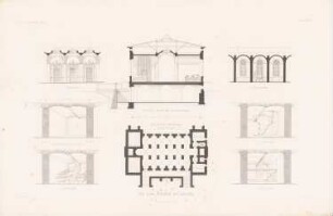 Neuer Friedhof, Karlsruhe: Grundriss, Innenansichten, Schnitt durch das Leichenhaus, Details Grüfte (aus: Atlas zur Zeitschrift für Bauwesen, hrsg. v. G. Erbkam, Jg. 30, 1880)