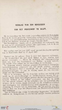 Verslag van den Beheerder van het Prinsenhof te Delft