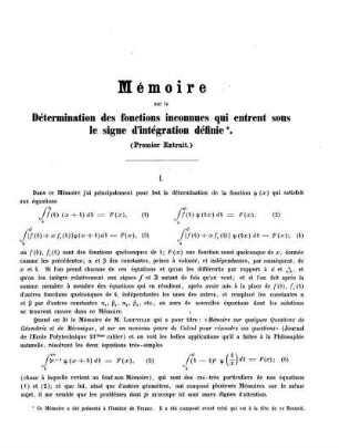 Mémoire sur la détermination des fonctions inconnues qui entrent sous le signe d'intégration définie.