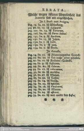 Errata, Welche wegen öffterer Abwesenheit des Autoris sind mit eingeschlichen