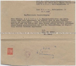 Attest der Städtischen HNO-Klinik Essen über den Bedarf einer Begleitperson für einen hörgeschädigten Patienten (Abschrift)