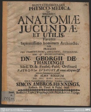 Disputatio Circularis Physico-Medica, Qua Specimen Anatomiae Iucundae Et Utilis